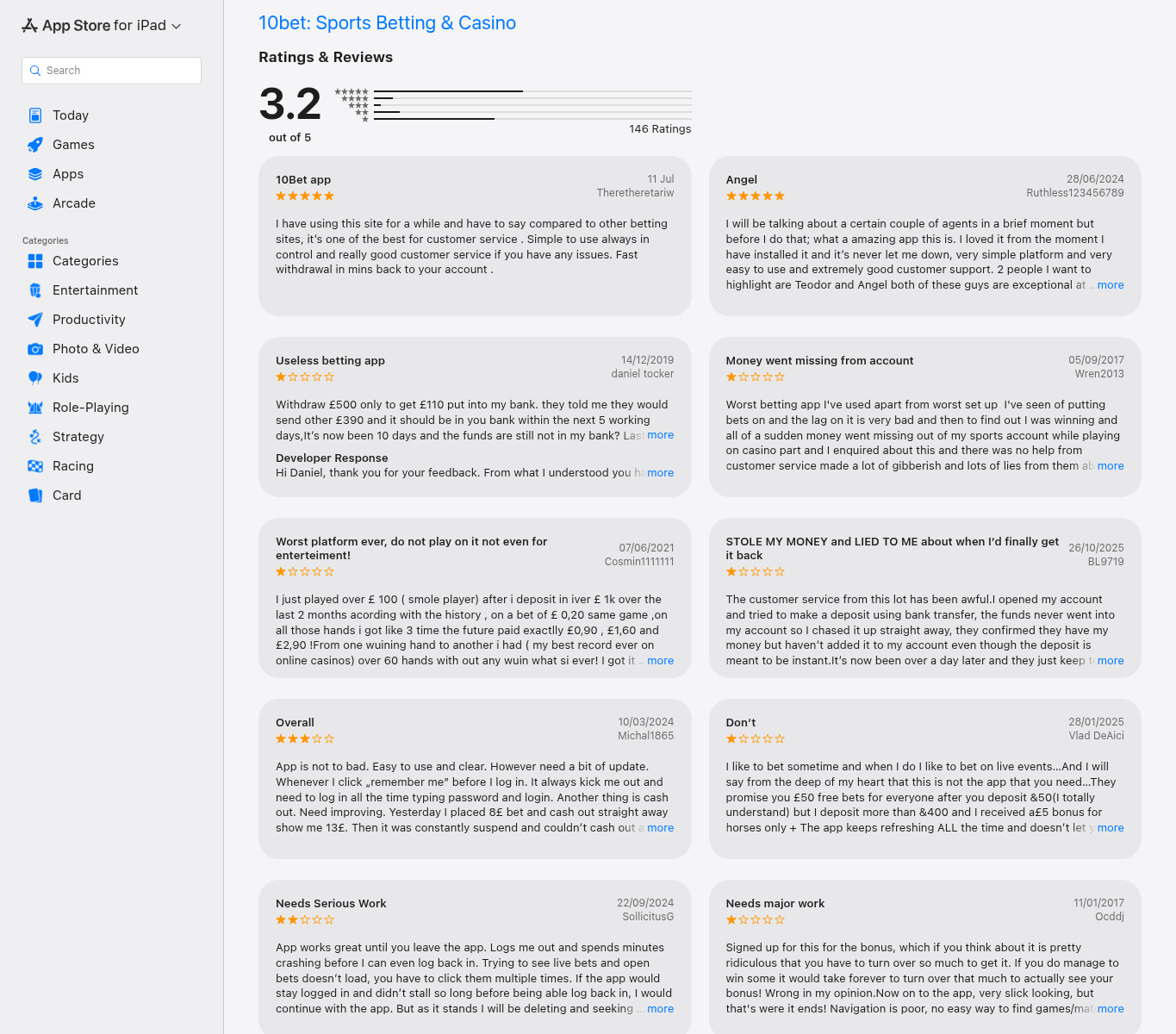 Capture of dated App Store ratings and user statements concerning the 10bet application
