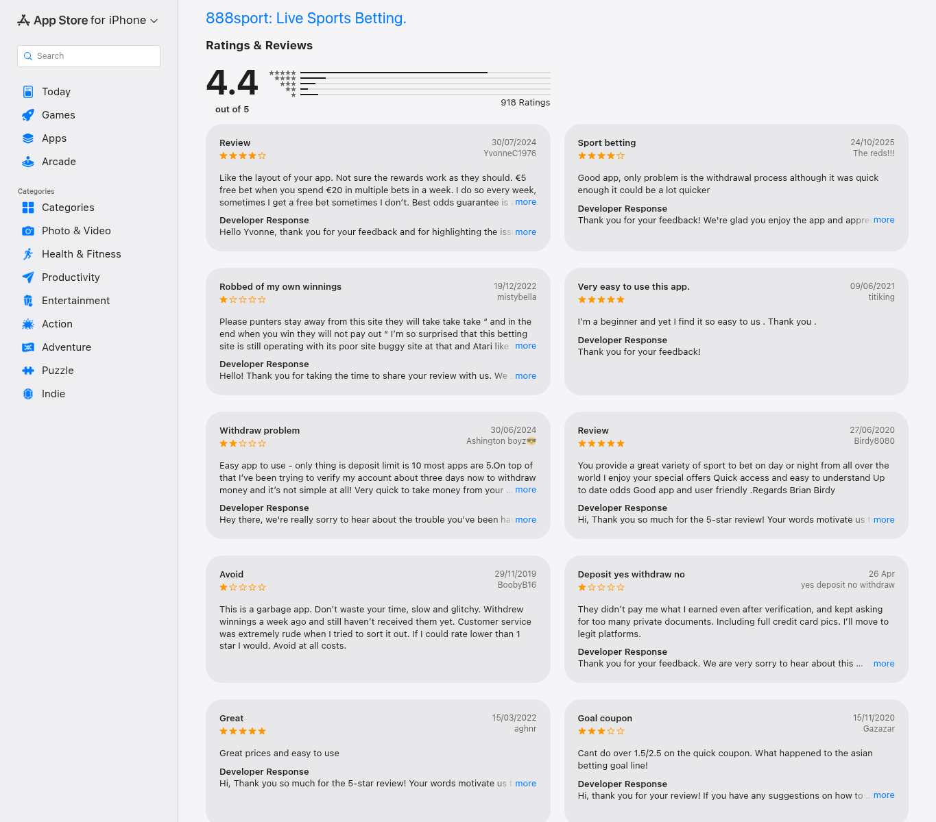 Capture of dated ratings and written user statements on the App Store listing for the operator's betting application