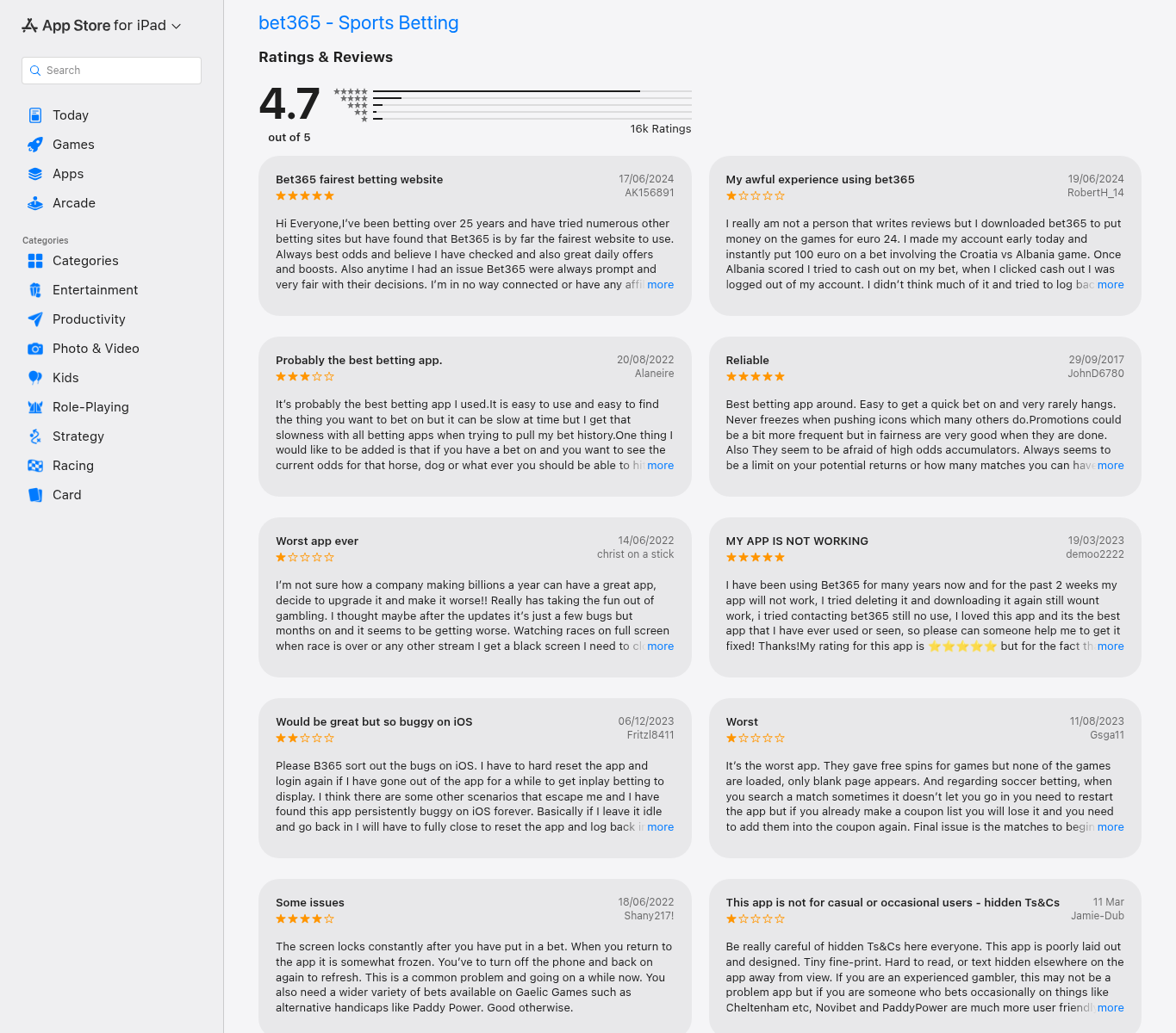 Capture of dated App Store ratings and user review statements concerning the bet365 app