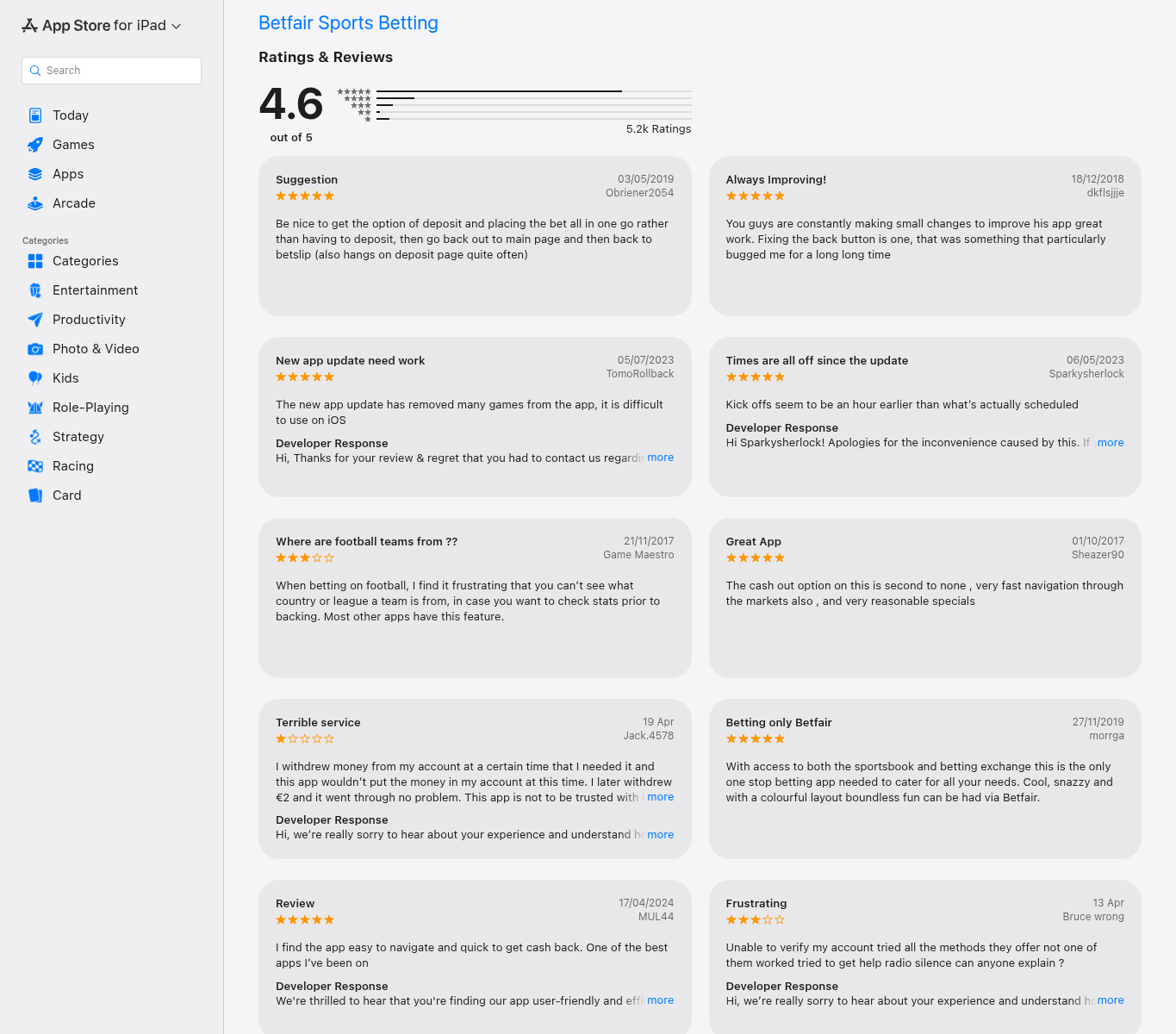 App marketplace listing showing dated ratings and written user statements