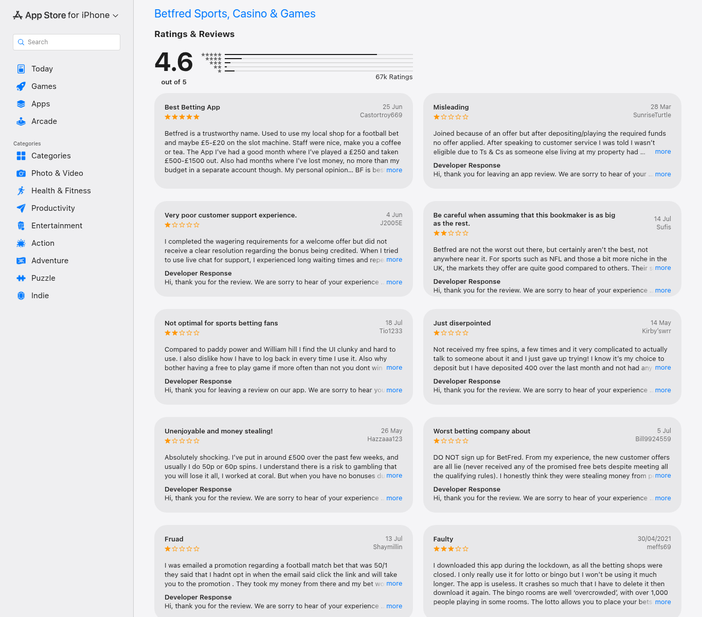 Capture showing dated App Store ratings and user review statements concerning the Betfred application