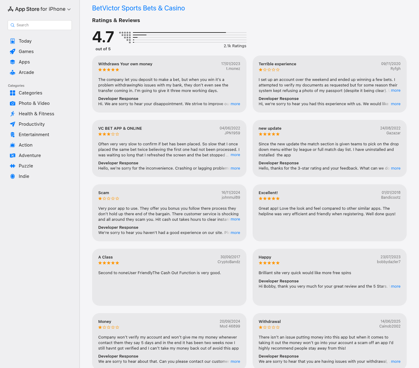 App Store reviews view for the BetVictor sports and casino app showing dated user ratings