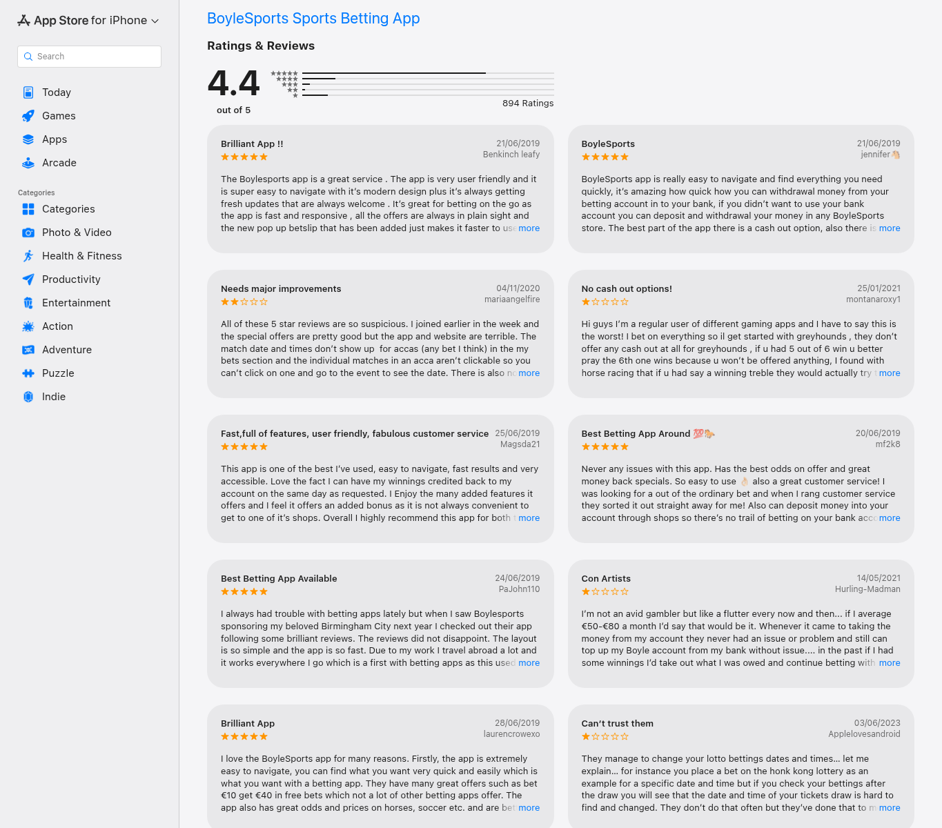 App Store capture showing dated user ratings and review statements