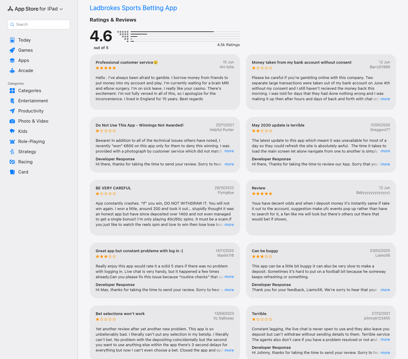 Supplied capture of dated App Store ratings and user review statements