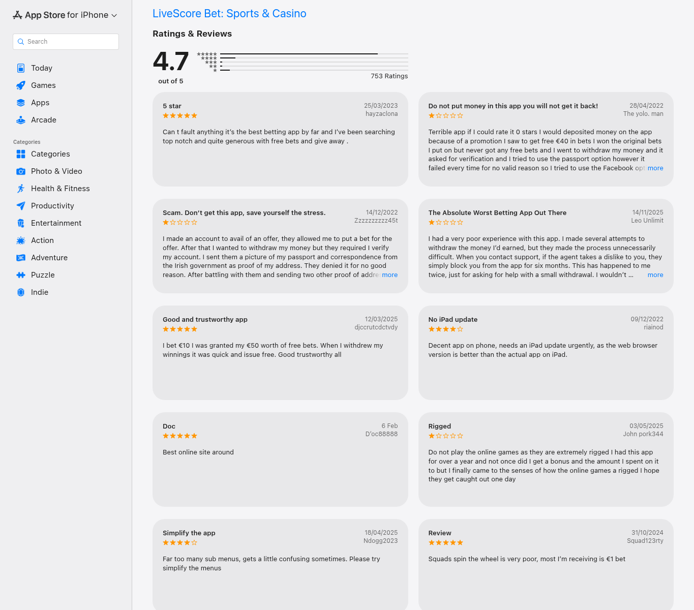 Capture of dated App Store ratings and user review statements