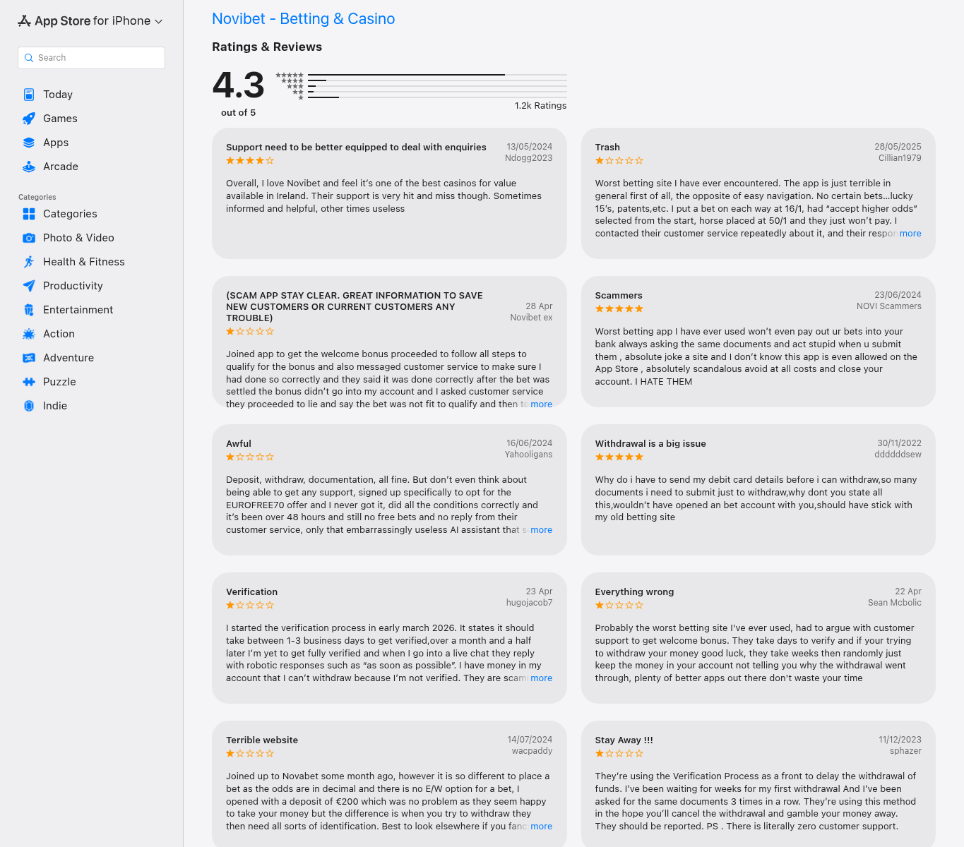 Supplied capture of user ratings and review statements concerning the Novibet app
