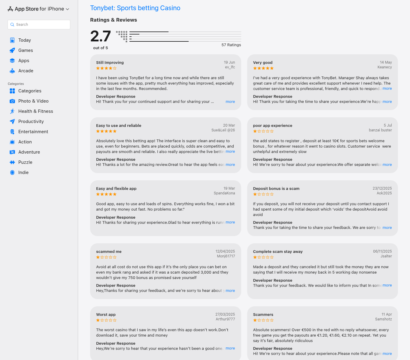 Capture of App Store ratings and user review statements concerning the TonyBet app