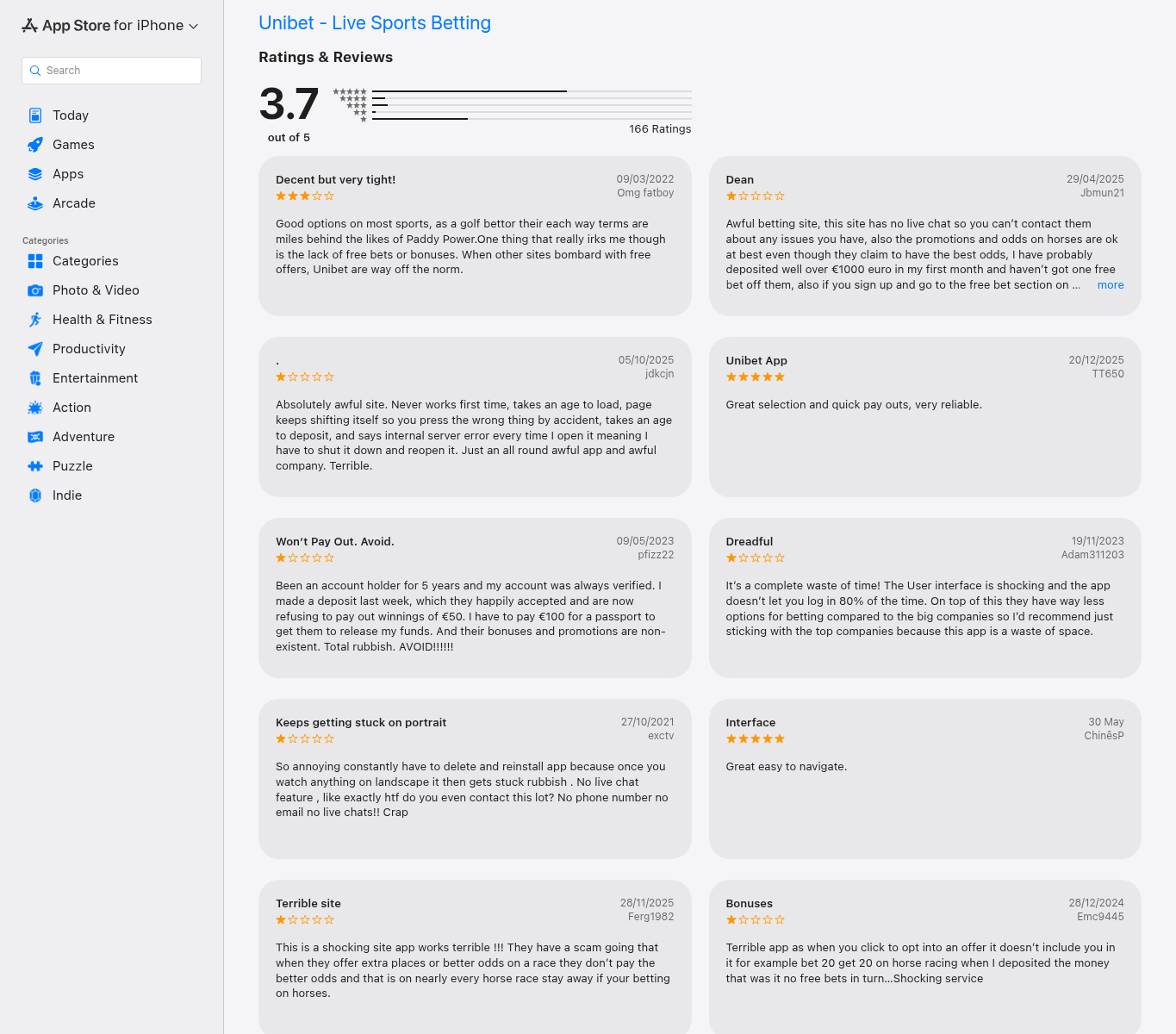 Capture of dated user ratings and review statements for the supplied Unibet App Store listing